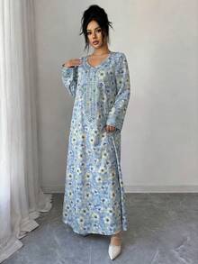 Yasmyna 女士优雅印花V领长袖阿拉伯风格连衣裙，秋季 - 藍色 - 查看 5