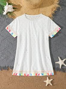 SHEIN 少女泳衣罩衫，优雅白色镂空蕾丝流苏连体泳衣罩衫，时尚休闲又不失精致淑女气质，适合游泳、夏季度假、海滩、泳池、节日派对等场合。 - 白色 - 查看 1