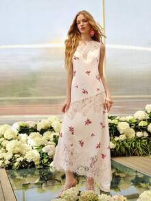MOTF PREMIUM WOMEN'S ELEGANT LACE PATCHWORK DESIGN LONG DRESS, SPRING/SUMMER GRADUATION GUEST BLUSH PINK - Pink - View 5