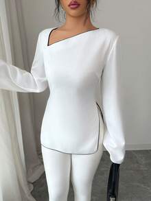 Elenzga 女士优雅白衬衫，黑色滚边，不对称斜领长袖，适合日常外出、约会、派对和聚会等各种场合。 - 白色 - 查看 6