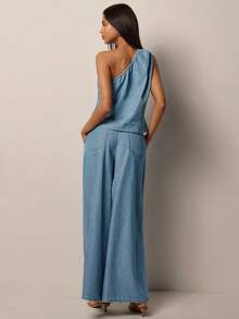 COSMINA Denim Women's Light Blue Denim Set,Sleeveless Asymmetrical Shoulder Top And Wide-Leg Jeans,Summer Casual Vacation Elegant Two Pieces Outfits,Street Style - Blue - View 4