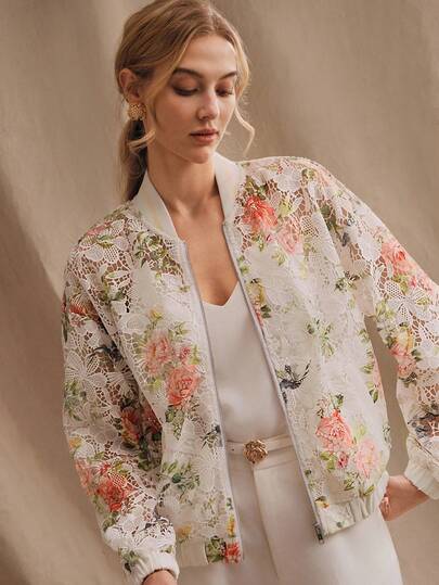 Anewsta Women's Elegant Floral Print Lace Sheer Stand Collar Long Sleeve White Lace Jacket, Spring/Summer