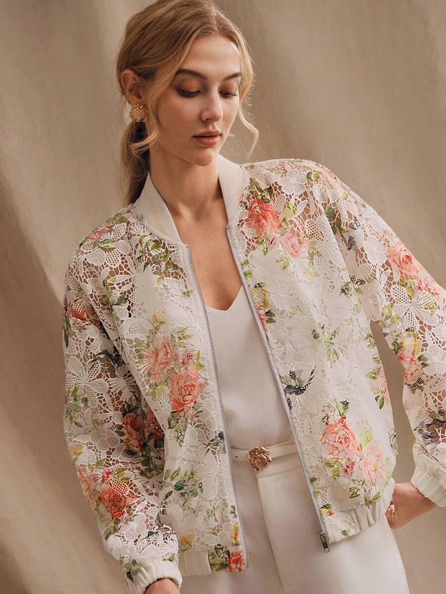 Anewsta 女士优雅印花蕾丝透视立领长袖白色蕾丝外套，春夏款 - 白色 - 查看 1
