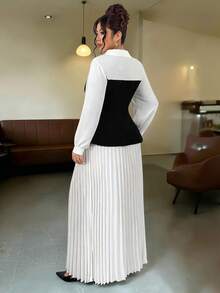 Elenzga Bộ đồ hai mảnh vải dệt kim màu tương phản cỡ lớn, cổ áo dài tay, thắt eo, viền chữ A, dáng chữ A, áo nữ + chân váy dài xếp ly, thanh lịch cho các buổi đi chơi, hẹn hò, tụ tập, đi làm, thường ngày - Đen và trắng - Xem 2