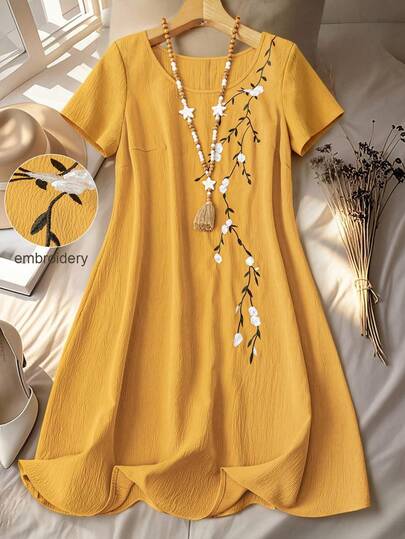 Linhara Plus Size Versatile Crew Neck Short Sleeve Elegant Embroidered Dress Mustard Dresses For Women Summer Casual Dress Yellow Church Dress Yellow Summer Dress Women Short Sleeve Summer Dress Yellow Flower Dress