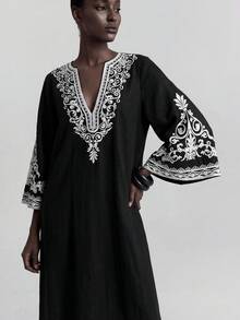 Ontre 2026 SS 新款女裝長洋裝，純色時尚，適合夏季。黑色刺繡圖案，波希米亞風，喇叭袖，燕麥色寬鬆舒適長洋裝，V領，度假穿搭，島嶼度假村，音樂節，女裝外套，下午茶派對，日百搭長洋裝 - 黑色 - 查看 7