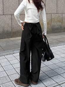 FRIFUL Quần ống rộng dáng suông màu trơn có nơ dành cho nữ - màu đen - Xem 5