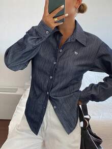 DAZY 女款純色修身腰長袖休閒優雅夏季襯衫校園風 - 藍色 - 查看 7