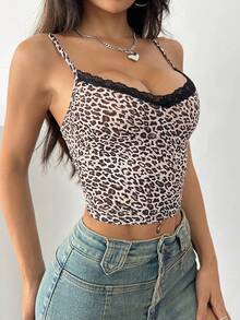 EgrlEra 女士夏季蕾丝拼布 V 领修身吊带背心 图案猎豹印花 T 恤 女士上衣 - 彩色 - 查看 4