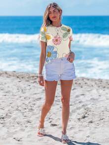 Sylviya 百搭花卉图案休闲宽松圆领短袖T恤，女士款，适合度假、春夏、休闲穿着。 - 彩色 - 查看 5