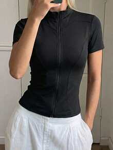 DAZY 女士立领短袖开衫，修身休闲薄款外套 - 黑色 - 查看 3