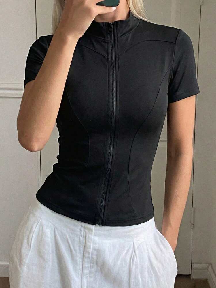 Women's Stand Collar Short Sleeve Cardigan, Slim Fit Casual Thin Jacket