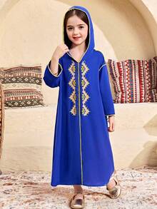 SHEIN 少女碎花连帽休闲雪纺连衣裙 - 藍色 - 查看 6