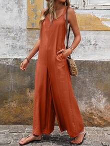 Easowa Women's Summer Wide Leg Jumpsuit With Pockets, Fashionable Casual Vacation Outfit,Casual - Rust Brown - View 4