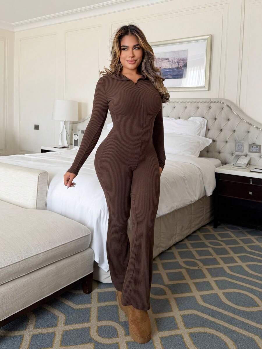 Maria Perezxox 2pcs Women Casual Hooded Sweatshirt With Pockets & Ribbed Flare Pants Set, Versatile For Daily Wear, Autumn/Winter - Chocolate Brown - View 1