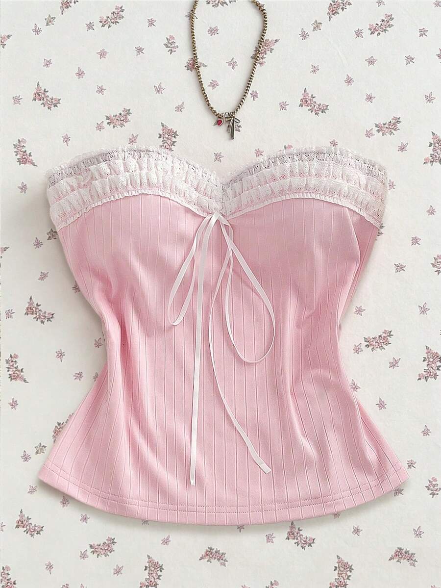 Elamini 女士可爱甜美无肩带蝴蝶结蕾丝边修身露脐上衣，春夏款 - 淺粉色 - 查看 1