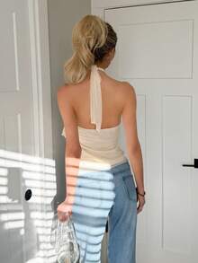 Sydney Algeri 女士优雅多层荷叶边立领修身背心 - 米色 - 查看 2