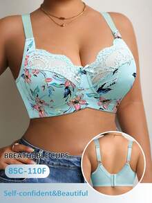 DesireSculpt 1pc Plus Size Lace Patchwork Wireless Bra - Multicolor - View 3