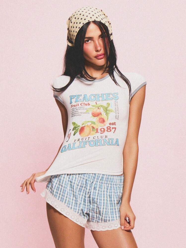 MISSGUIDED Women Peaches Fruit Club California 1987 Baby Tee Short Sleeve Crew Neck Retro Vintage Graphic Print Summer Top