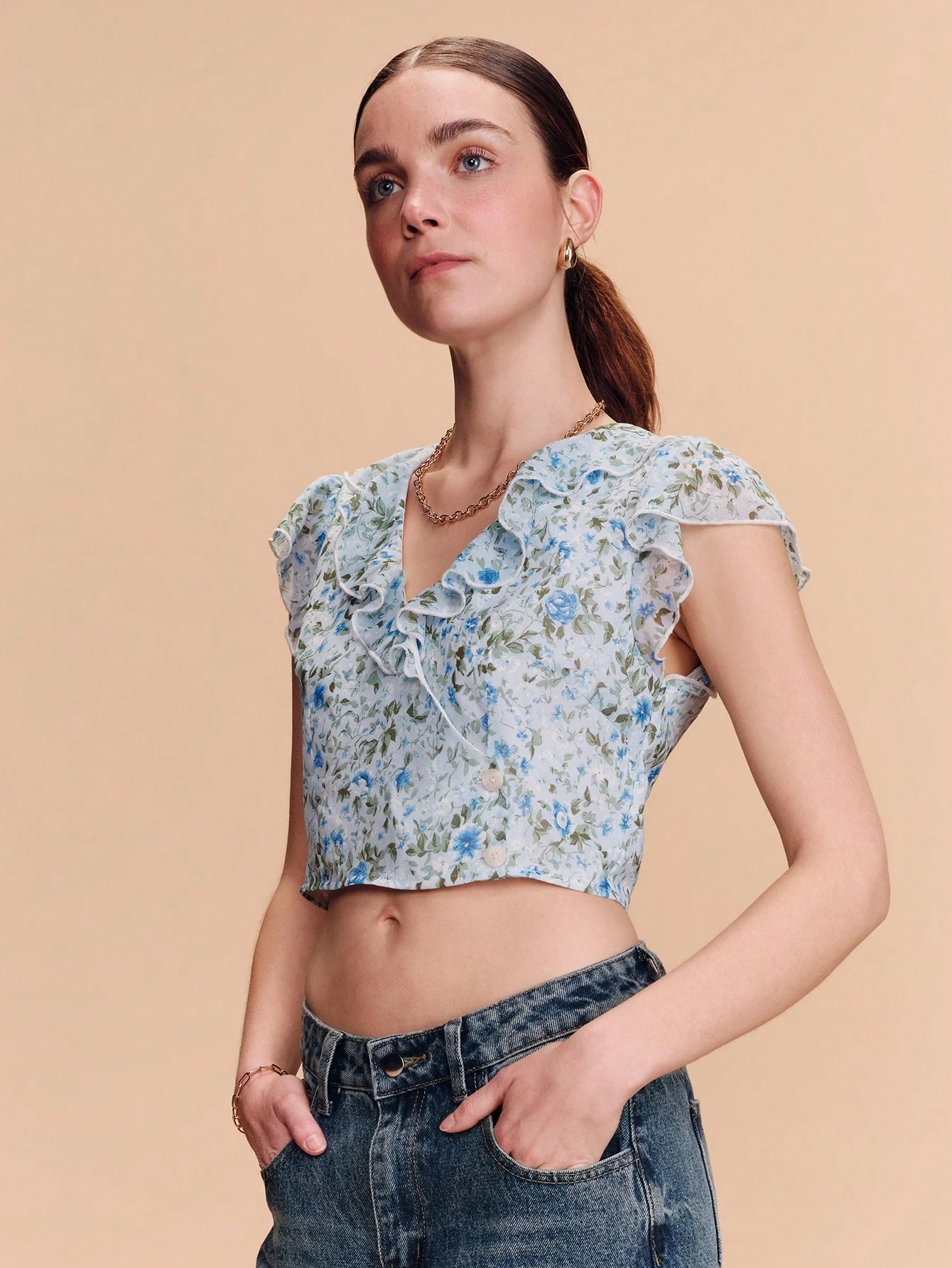 Blue Floral Print Vintage Chiffon Wrap Short Sleeve Blouse With Ruffle Collar Spring Summer French Style Parisian Style Vacation Top Business Casual