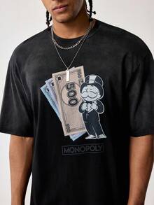 MONOPOLY X SHEIN 男士卡通印花短袖T恤和短裤休闲套装，MONOPOLY - 黑色 - 查看 4