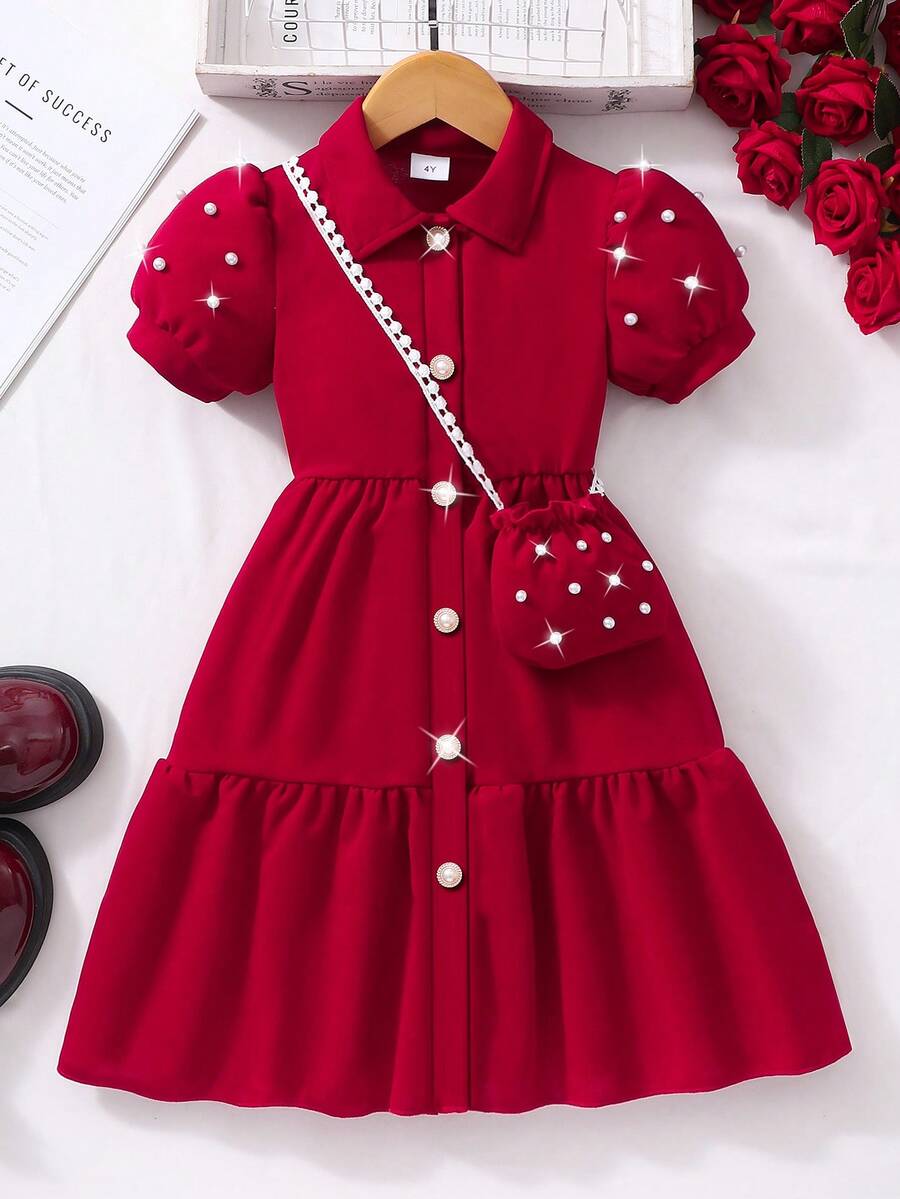 Robe rouge unie confortable pour jeune fille, pour l'école, les activités extérieures, les fêtes, avec col, manches bouffantes, cardigan, comprend un mini sac, été - Rouge foncé - Voir 1