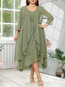 Reflora Plus Size Women's Sage Green Summer Elegant Dress & Robe Set,Ruffle Trim Rhinestone Camisole Dress,Wedding Guest Formal Party Luxury Evening Gown - Green - View 8