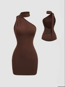 Sweetra Y2K Sexy Backless Asymmetric Shoulder Strap Elastic Bodycon Mini Dress - Brown - View 1