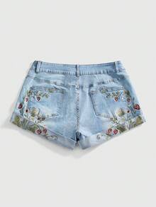 ROMWE Fairycore Quần short denim thêu hoa văn mùa hè dáng rộng, cỡ lớn. - Rửa nhẹ - Xem 2