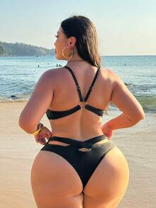 Swim SXY Plus Size Solid Color New Split Two Pieces Bikini Swimwear - Black - View 2