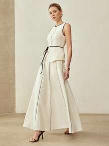 MOTF PREMIUM 2PCS SET: CONTRAST TRIM SLEEVELESS TOP AND CONTRAST TRIM SKIRT, CLASSIC ELEGANT OFFICE WEAR, SPRING/SUMMER - Beige - View 6