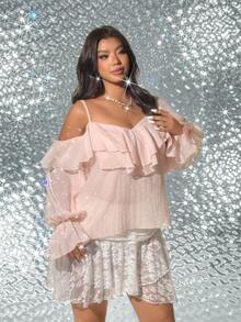 Viva Relle Plus Size Elegant Solid Color Ruffle Asymmetric Collar Long Sleeve Blouse - Pink - View 6