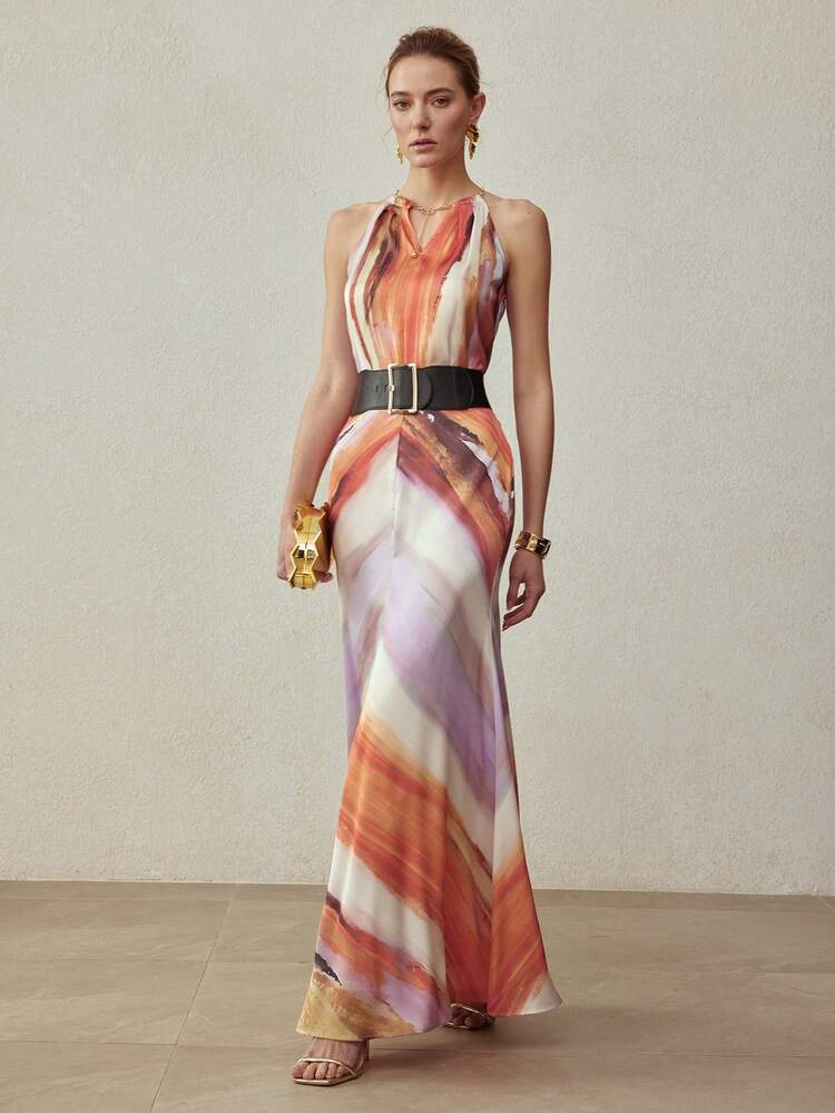 SATIN OMBRE PRINTED MAXI SKIRT, SPRING/SUMMER