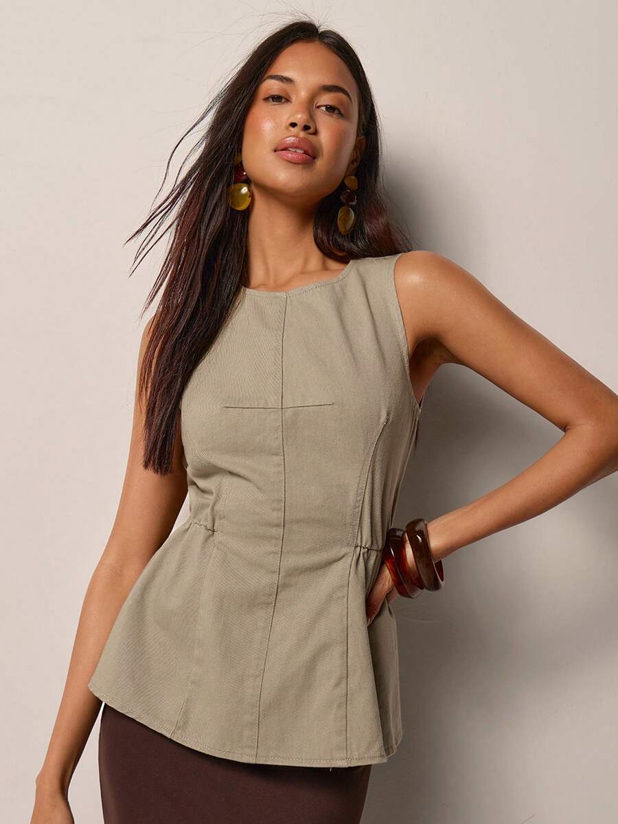 COSMINA Women's Denim Sleeveless Ruffle Blouse, Casual Denim Top For Summer, Daily Wear, Military Green - Army Green - View 1