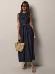 COSMINA 女士牛仔连衣裙，无袖荷叶边牛仔连衣裙，夏季女装，蓝色牛仔连衣裙，日常穿着，夏季度假，通勤。 - 藏蓝色 - 查看 3