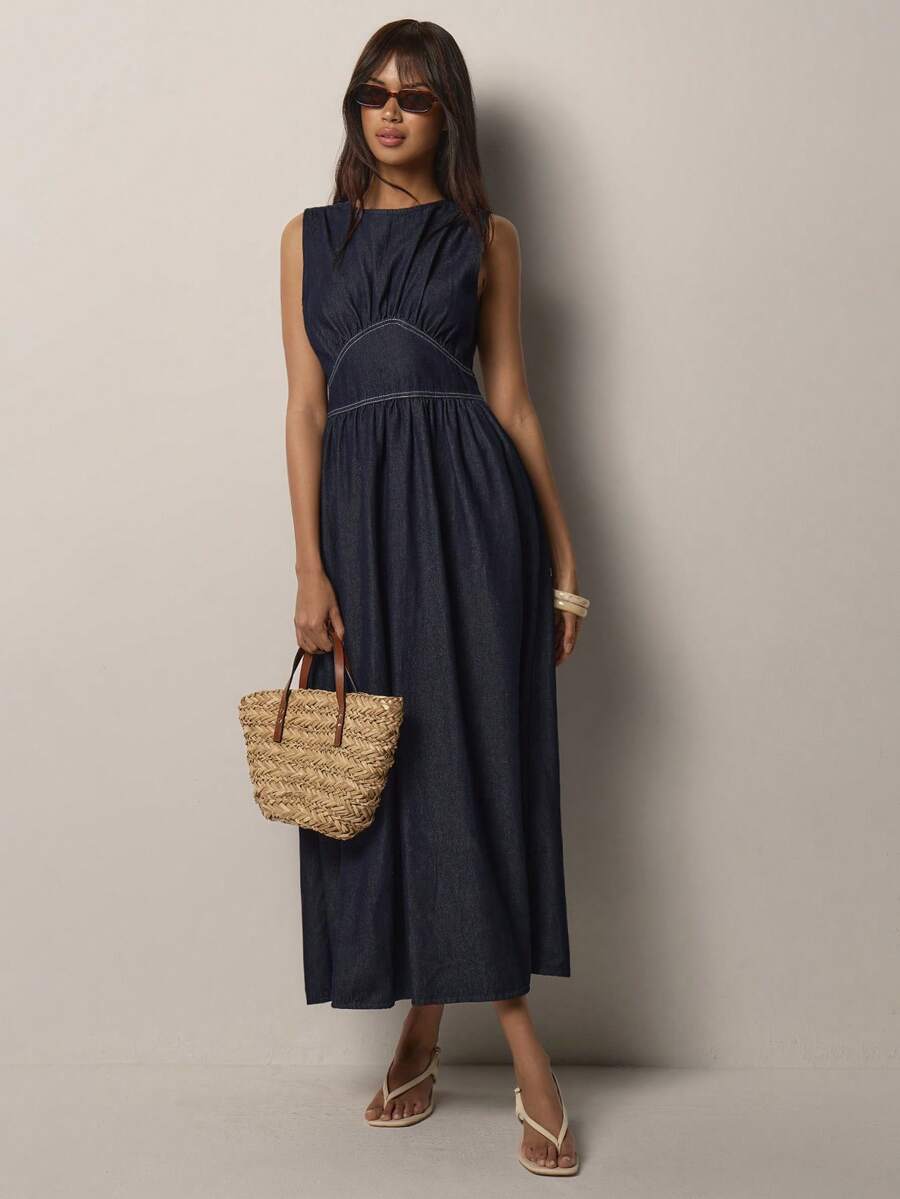 COSMINA 女士牛仔连衣裙，无袖荷叶边牛仔连衣裙，夏季女装，蓝色牛仔连衣裙，日常穿着，夏季度假，通勤。 - 藏蓝色 - 查看 1