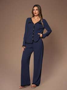 Lazeform Bộ đồ ngủ nữ kiểu Mỹ gồm áo khoác cardigan cổ chữ V tay dài và quần ống rộng phối màu tương phản. - Màu xanh hải quân - Xem 4