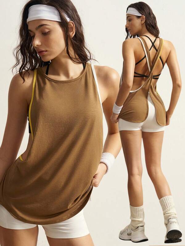 VARSIVA Contrast Color Trim Twist Back Sports Tank Top