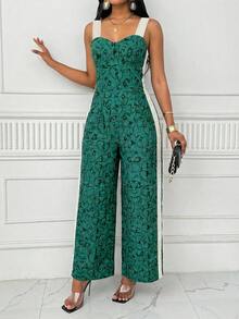 SHEIN LUNE Women's Dark Green Summer Elegant Jumpsuit,Digital Print Floral Lace Design,Suitable For Brunch,Party,Formal Event,Holiday,Randomly Printed Jumpsuits - Green - View 1