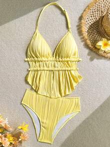 SHEIN Ensemble de bikini à col ras-du-cou en tricot texturé jaune pour adolescentes, idéal pour les vacances à la plage au printemps/été - Jaune citron - Voir 2