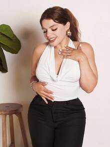 Lupita Cardoza 女式圆领无袖短款 Y2K 红色性感上衣，时尚纯色 - 白色 - 查看 5