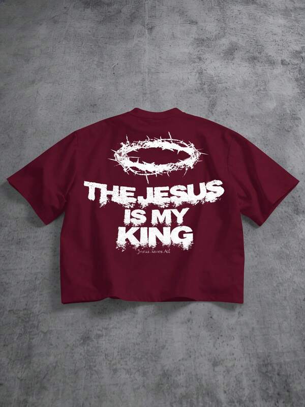 Manfinity ZONE917 Men's Casual Letter Print Round Neck Short Sleeve Loose Cropped T-Shirt, Summer