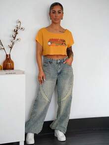 SAYEHFBABY 女士夏季字母印花不对称领短款休闲 T 恤 - 黃色 - 查看 1