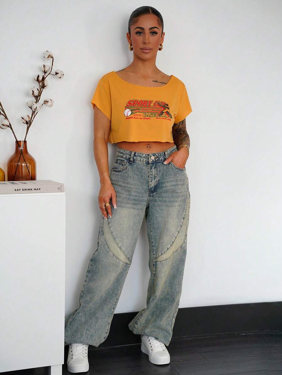 SAYEHFBABY 女士夏季字母印花不对称领短款休闲 T 恤 - 黃色 - 查看 1