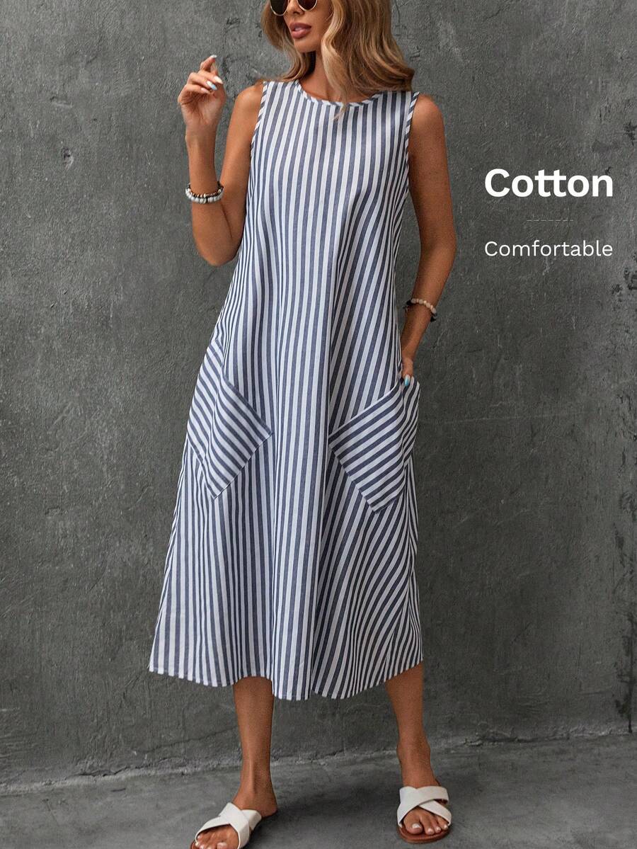 EMERY ROSE Vestido de verano sin mangas de algodón tejido con cuello redondo y rayas para mujeres, con diseño de dos bolsillos en la parte trasera y dobladillo en línea A - Azul y blanco - Ver 1