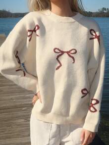 Sydney Algeri 女式宽松圆领蝴蝶图案长袖毛衣 - 米色 - 查看 6