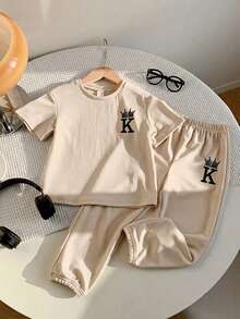 2pcs Young Boys' Casual Comfortable Versatile Printed T-Shirt And Pants Set - Khaki - View 7