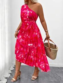 Breezaya Women's Elegant Oblique Shoulder Ombre Pleated RedOne Shoulder Summer Dress - Hot Pink - View 3