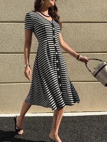 Solivie 女士优雅黑白条纹连衣裙，适合工作、通勤和日常穿着，春夏款 - 黑與白 - 查看 5