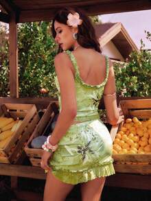 ROMWE 海岛度假风印花荷叶边吊带背心搭配低腰迷你裙，女士两件套 - 彩色 - 查看 7